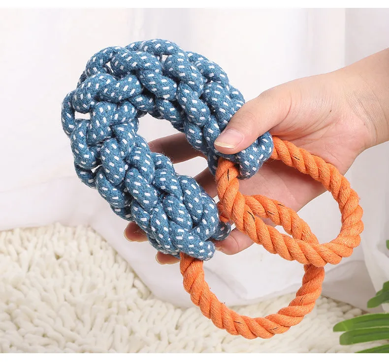 Blue double-ring braided bone dog chew toy made from cotton knot rope, showing dental cleaning texture and 37 cm length