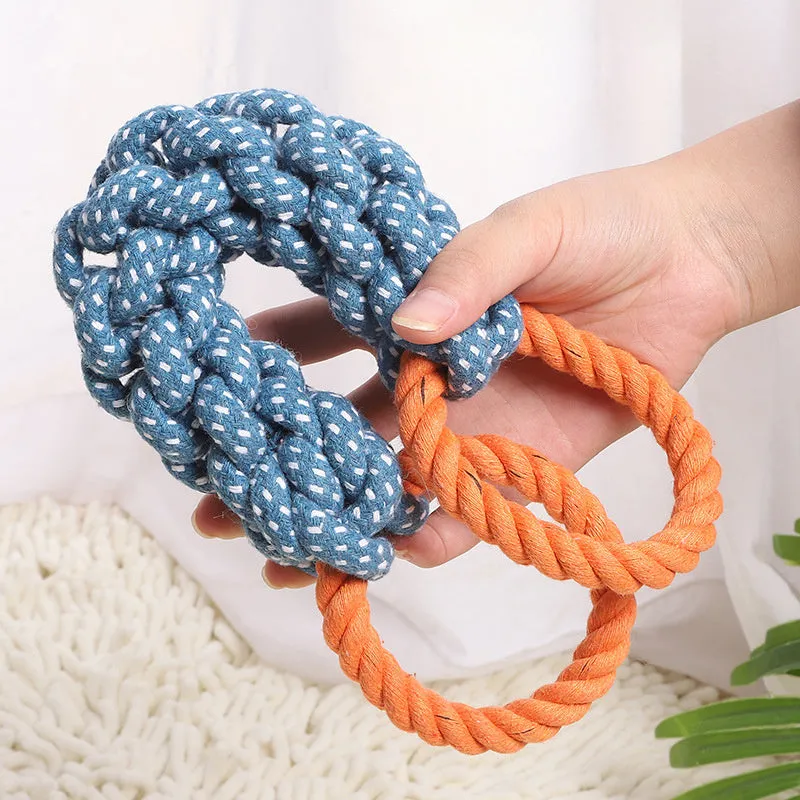 Blue double-ring braided bone dog chew toy made from cotton knot rope, showing dental cleaning texture and 37 cm length