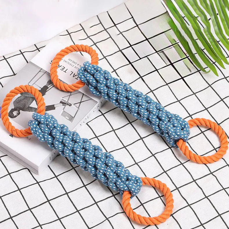 Blue double-ring braided bone dog chew toy made from cotton knot rope, showing dental cleaning texture and 37 cm length