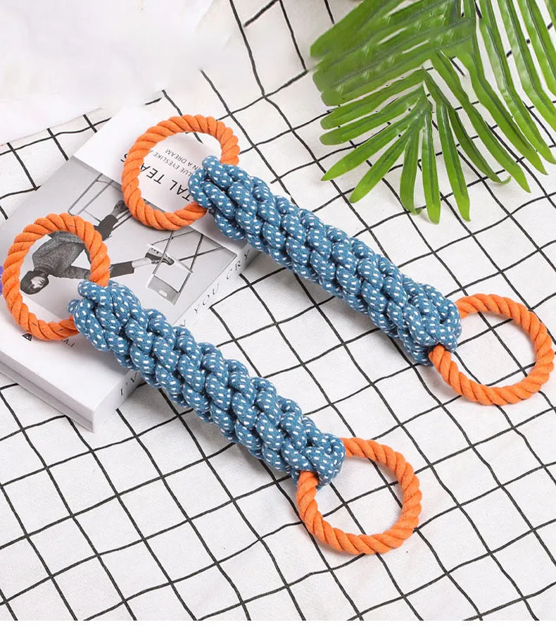Blue double-ring braided bone dog chew toy made from cotton knot rope, showing dental cleaning texture and 37 cm length