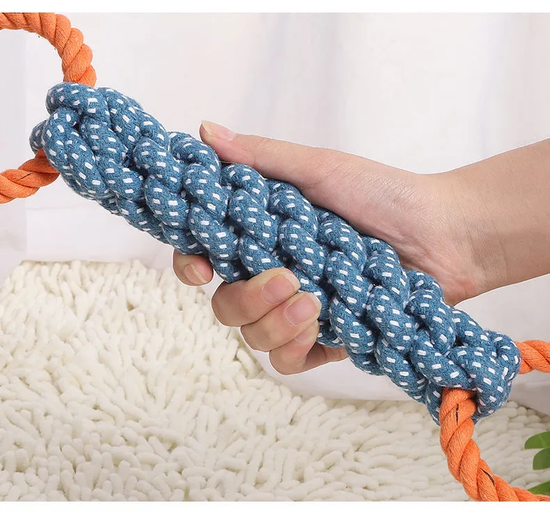 Blue double-ring braided bone dog chew toy made from cotton knot rope, showing dental cleaning texture and 37 cm length
