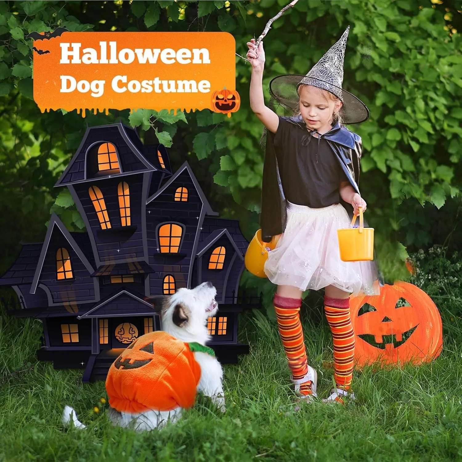 Orange plush pumpkin Halloween costume for small dog on mannequin