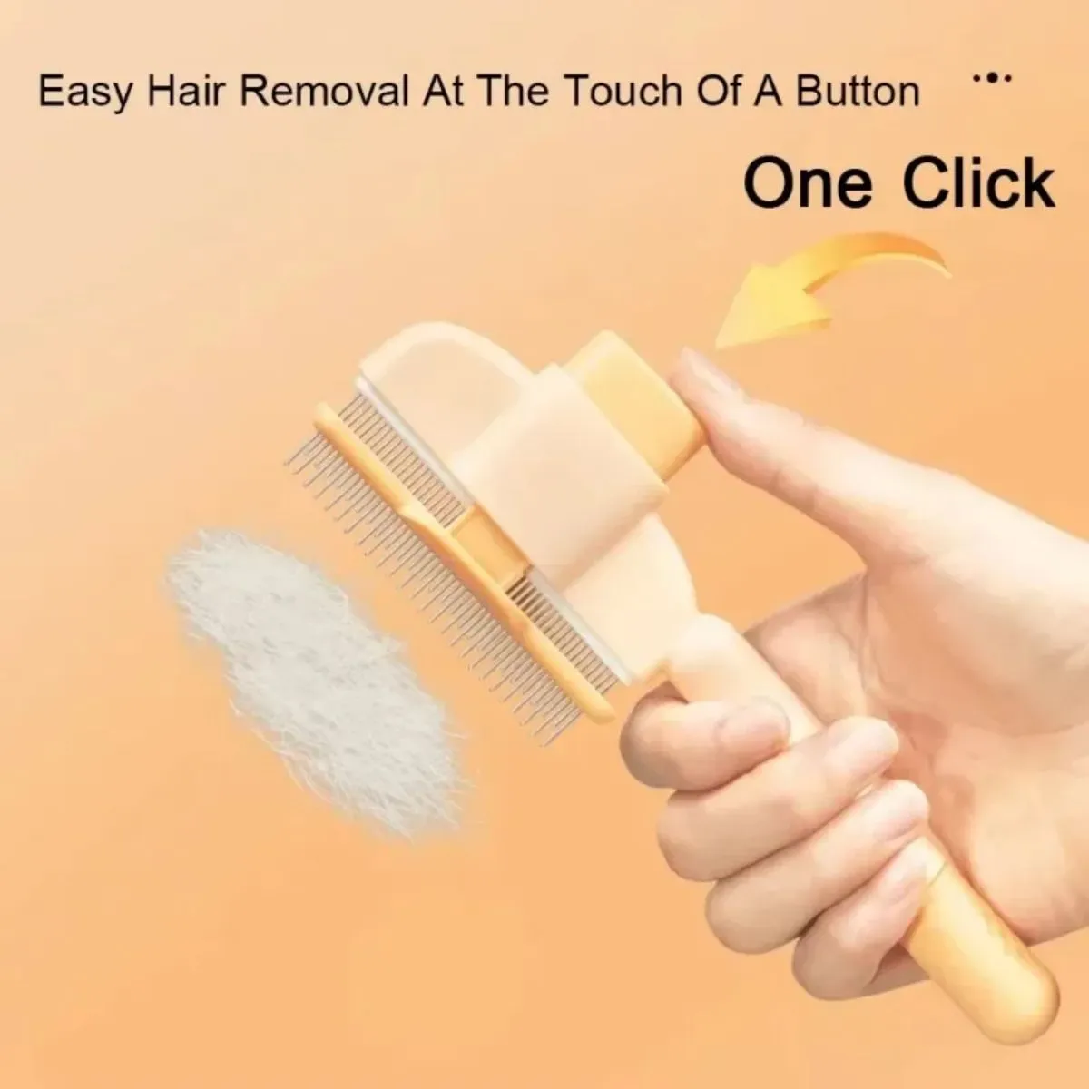 Green and yellow handheld dog grooming brush with one-click hair removal function.
