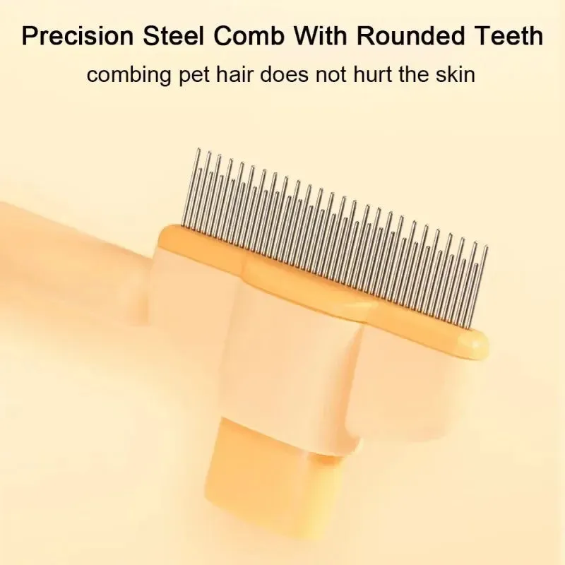 Green and yellow handheld dog grooming brush with one-click hair removal function.