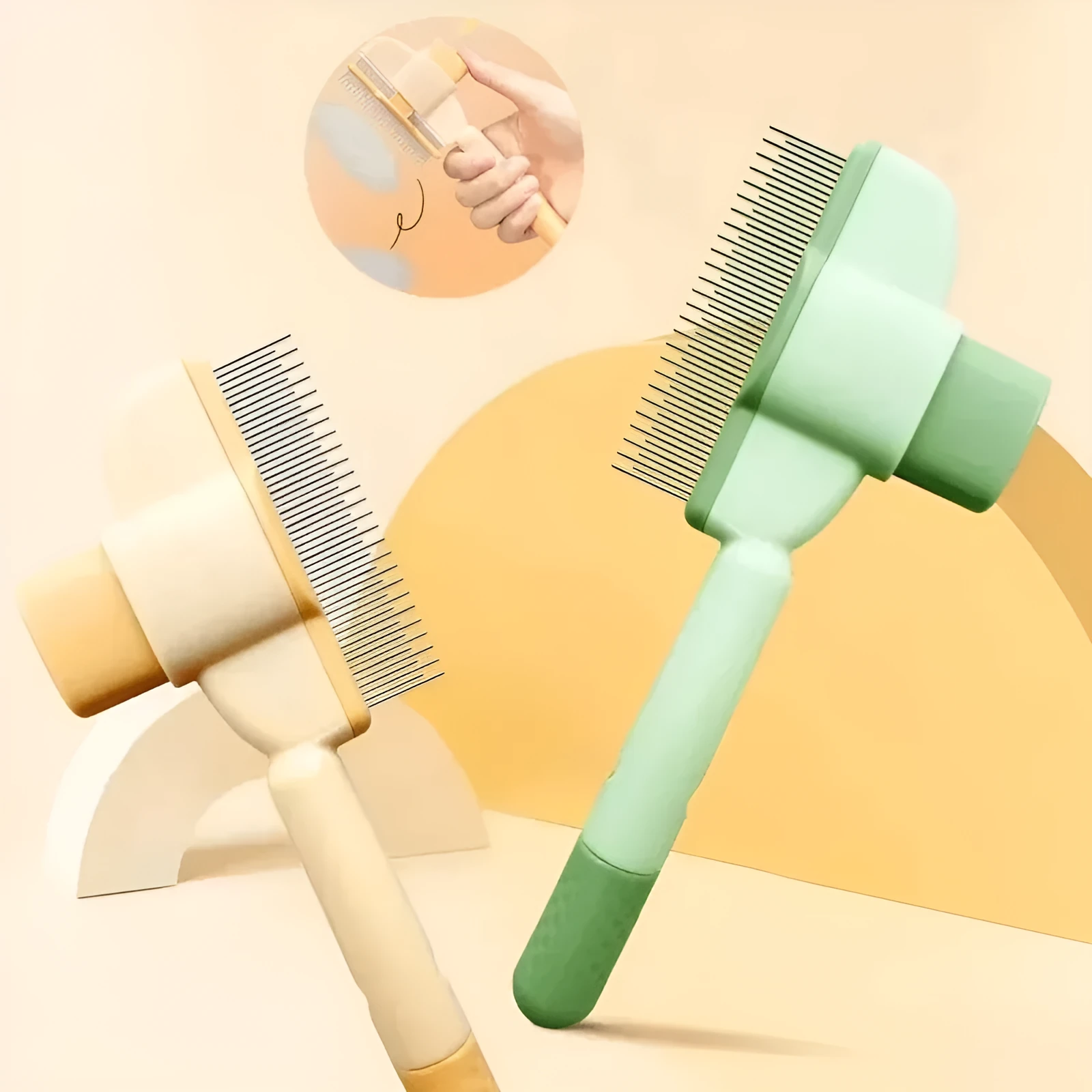Green and yellow handheld dog grooming brush with one-click hair removal function.