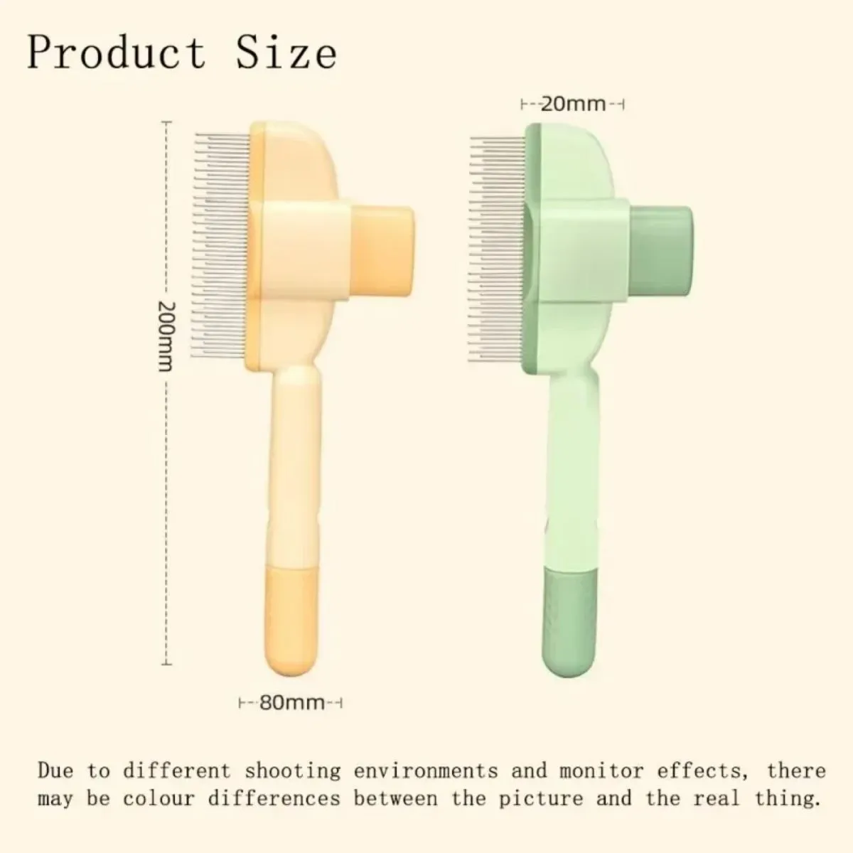 Green and yellow handheld dog grooming brush with one-click hair removal function.