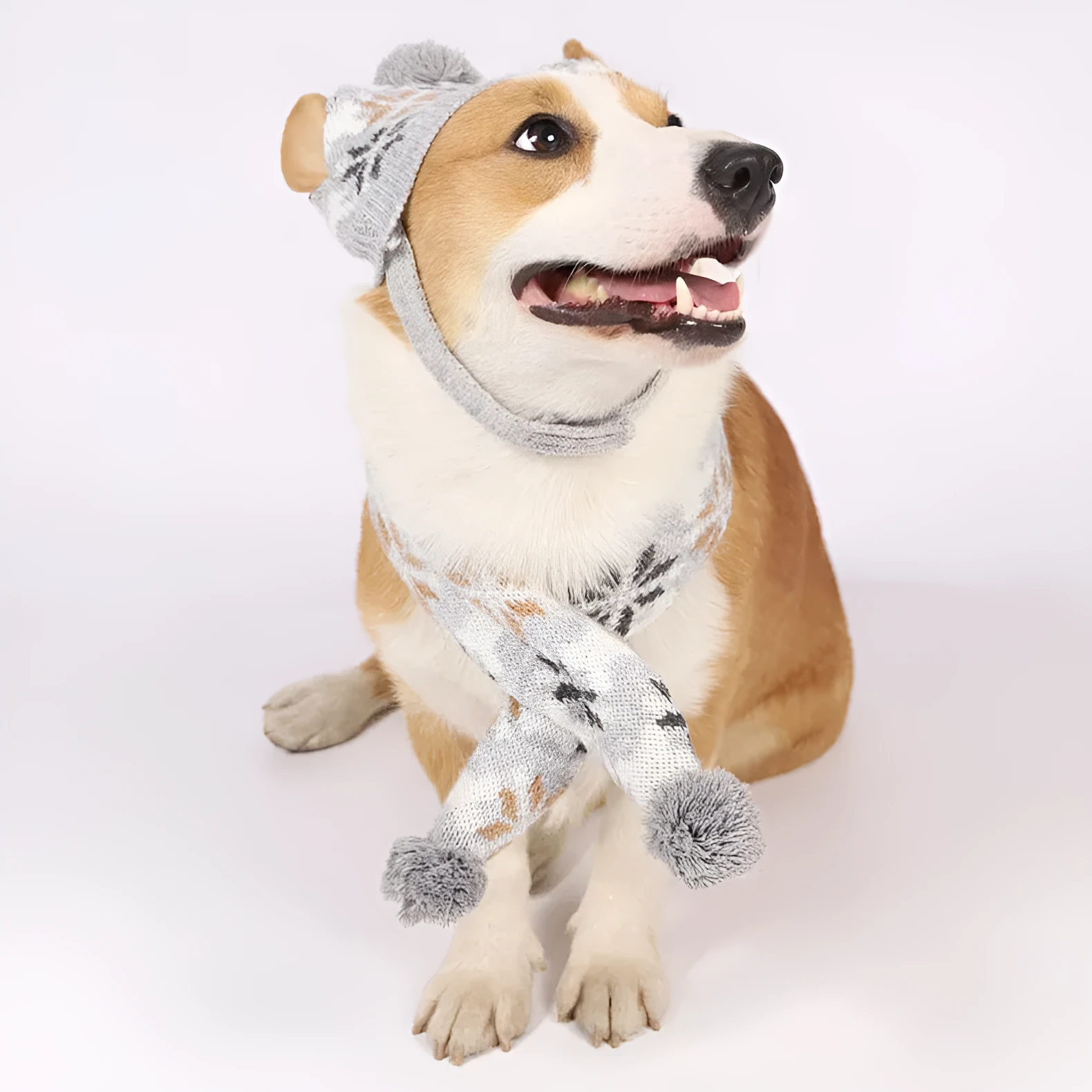 Japanese-style retro jacquard pet clothes set with sweater, scarf, and hat in grey or pink