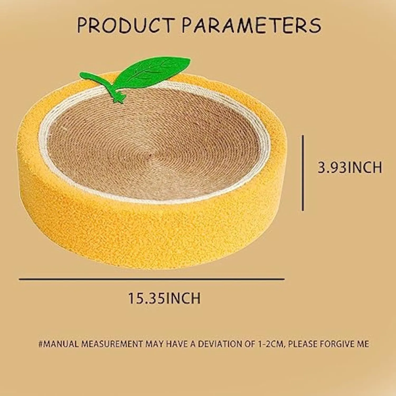 Yellow round sisal cat scratching board with fruity design, serving as both a scratching surface and a cat bed.