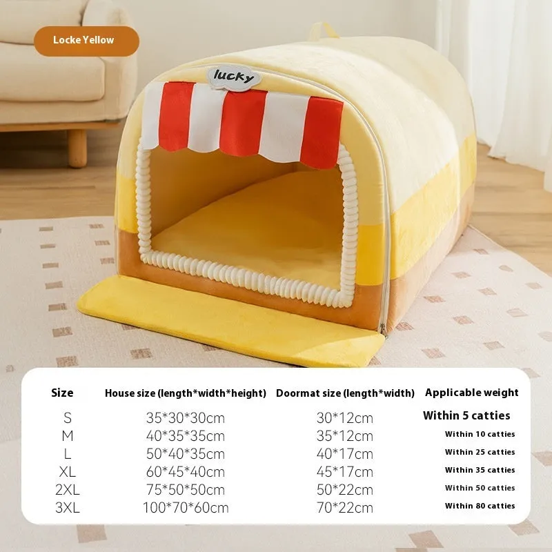 Rectangular bolster dog bed in L size (50x40x35cm) with painted fabric in a rock yellow lucky pattern.