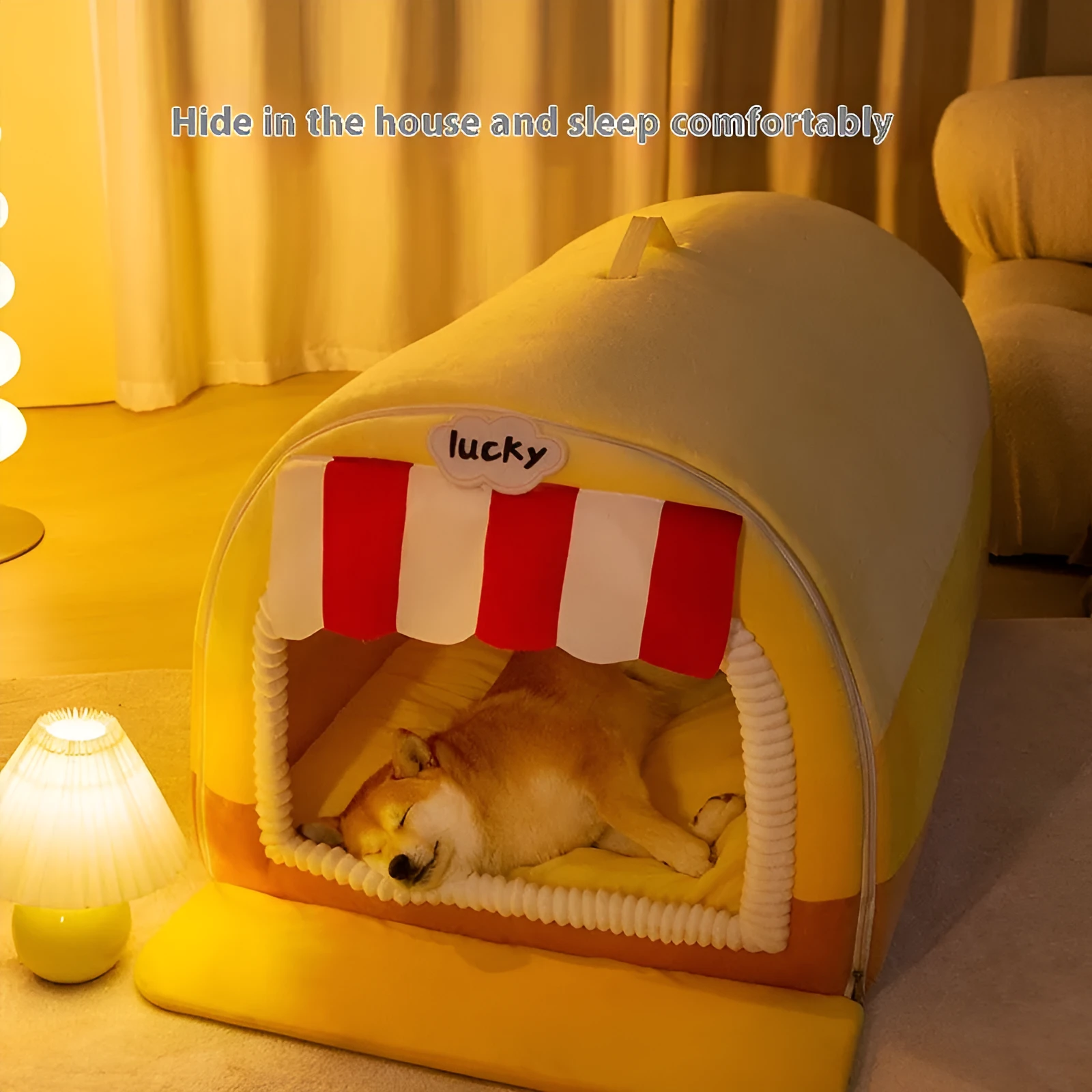 Rectangular bolster dog bed in L size (50x40x35cm) with painted fabric in a rock yellow lucky pattern.