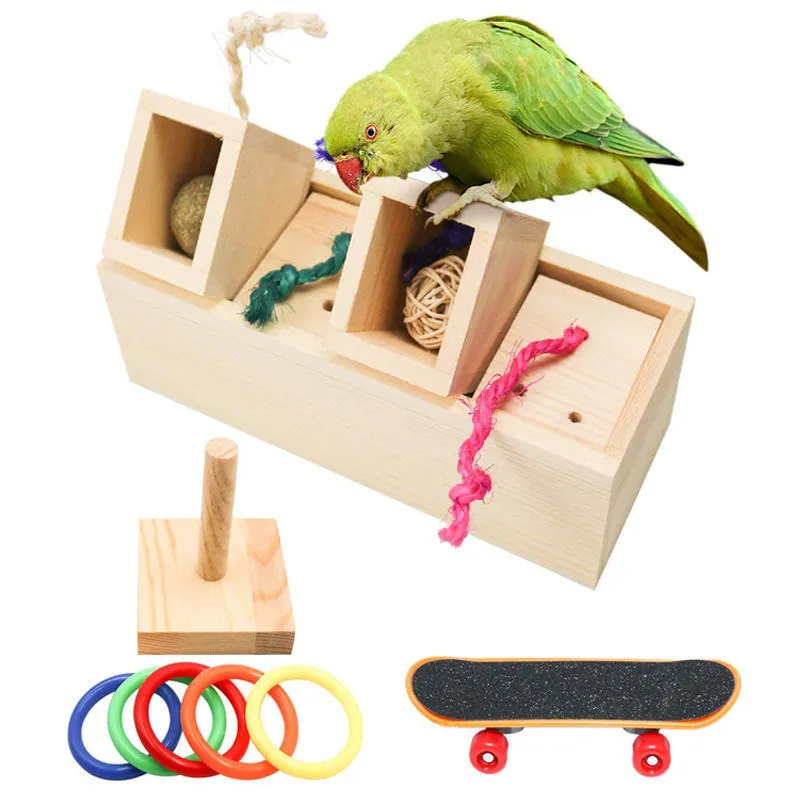 Wooden parrot puzzle training set with chewable pieces for bird enrichment