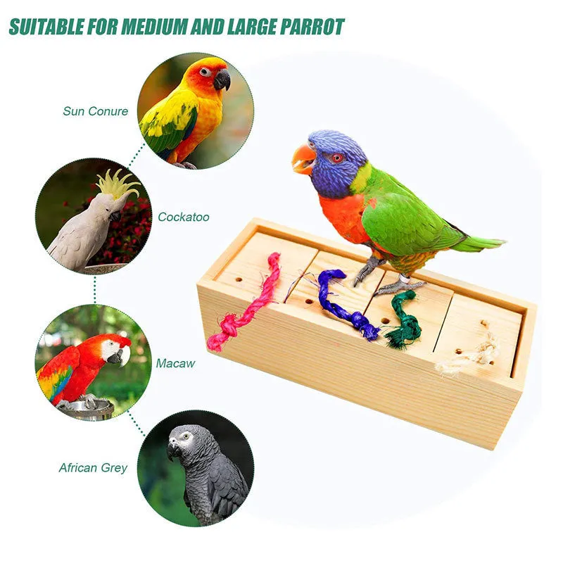 Wooden parrot puzzle training set with chewable pieces for bird enrichment