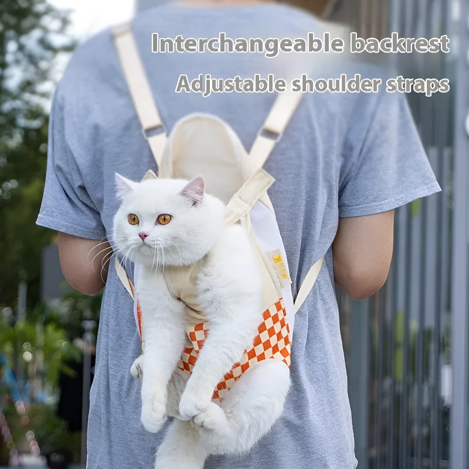 Soft grey cat carrier backpack on a white background, showing backpack straps and front mesh panel.