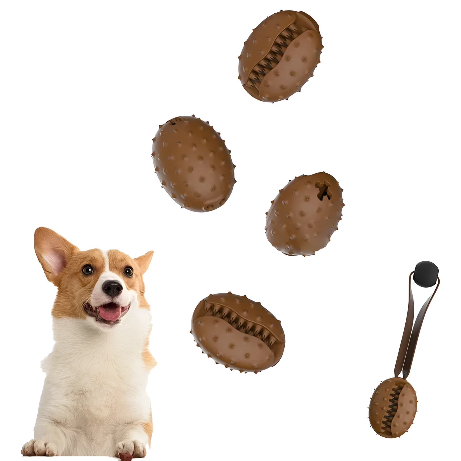 Coffee bean shaped dog chew toy with TPR material, dental balls, and rope knots