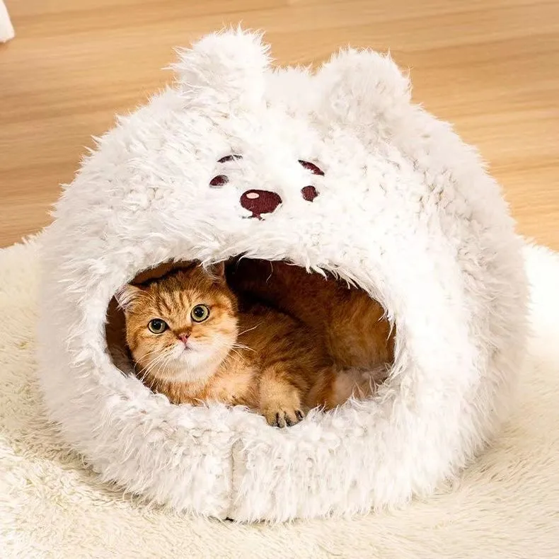 Semi-enclosed cat litter kennel tent with flannel lining and removable lid in an animal print.