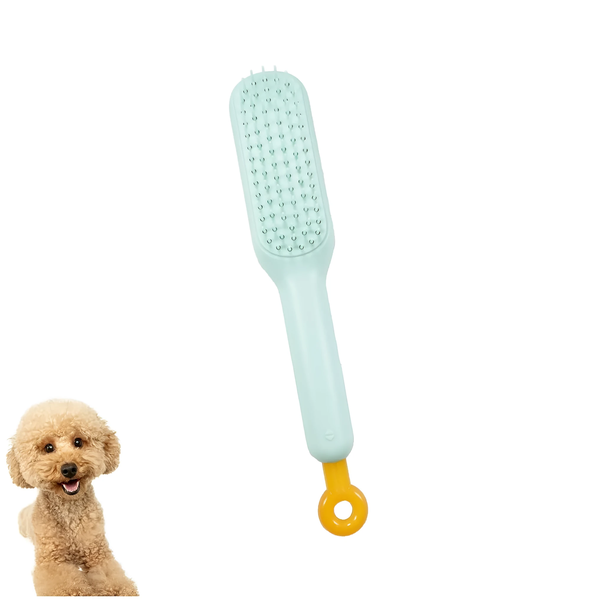 Blue, pink, and white dual-sided soft bristle brush for grooming small dogs