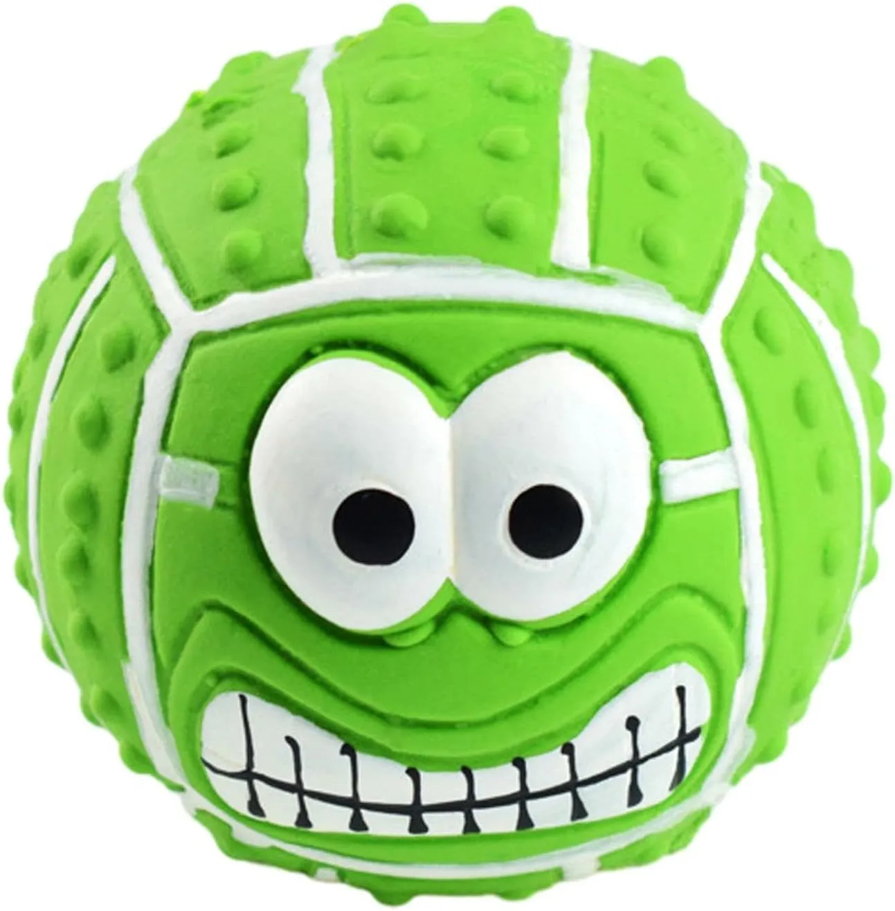 Green, orange, and yellow latex dog balls with smile faces, suitable for small to medium dogs