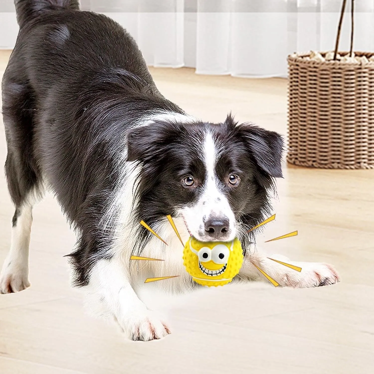 Green, orange, and yellow latex dog balls with smile faces, suitable for small to medium dogs