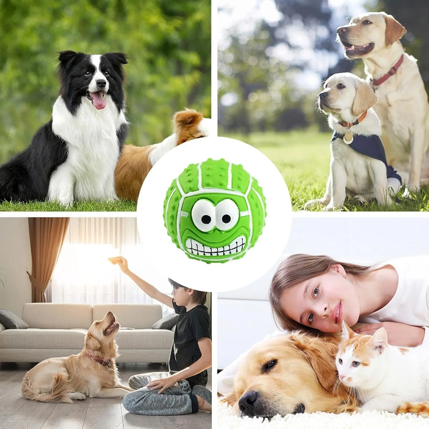 Green, orange, and yellow latex dog balls with smile faces, suitable for small to medium dogs