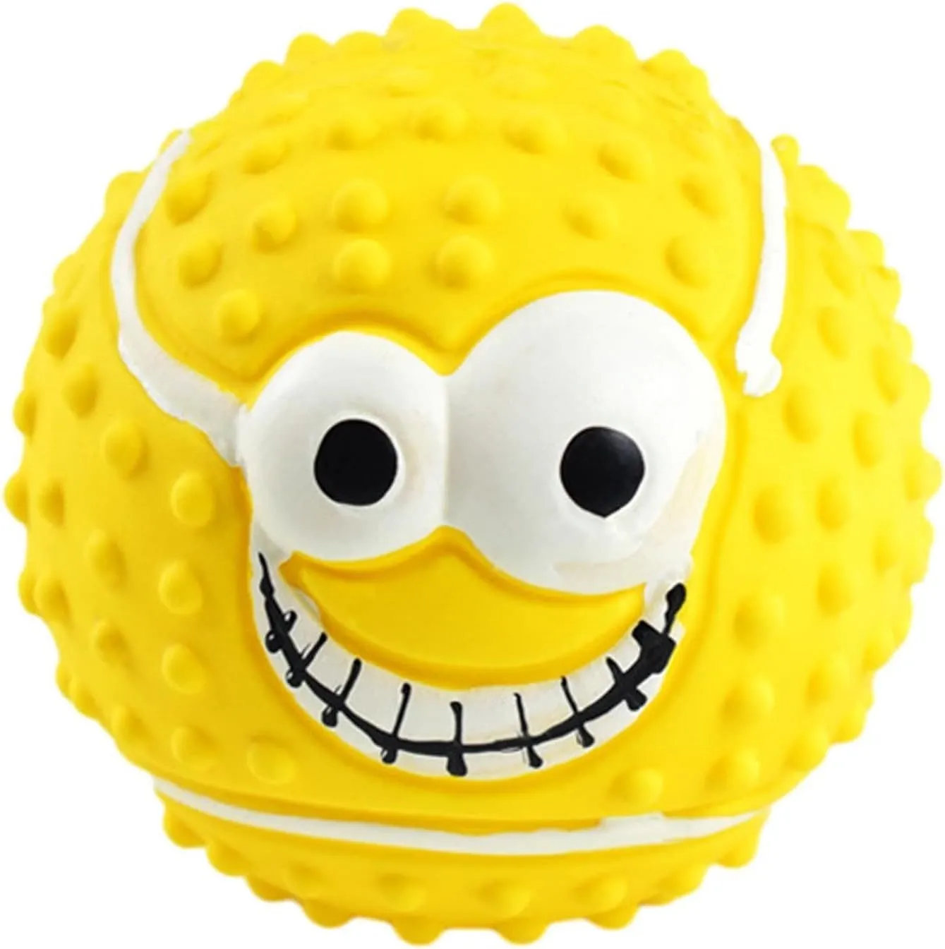 Green, orange, and yellow latex dog balls with smile faces, suitable for small to medium dogs