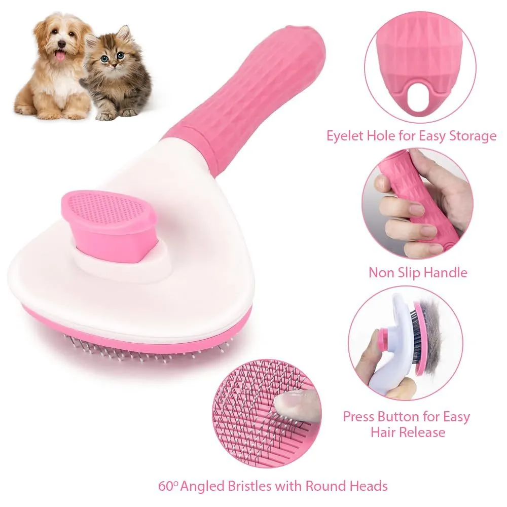 Blue cat grooming brush with a release button on the handle and fine wire bristles.