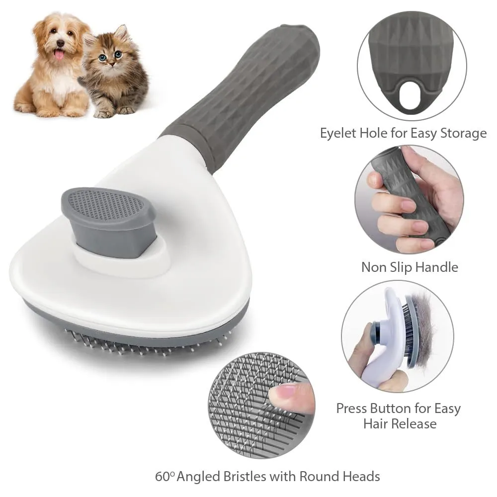 Blue cat grooming brush with a release button on the handle and fine wire bristles.