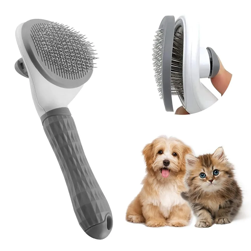 Blue cat grooming brush with a release button on the handle and fine wire bristles.
