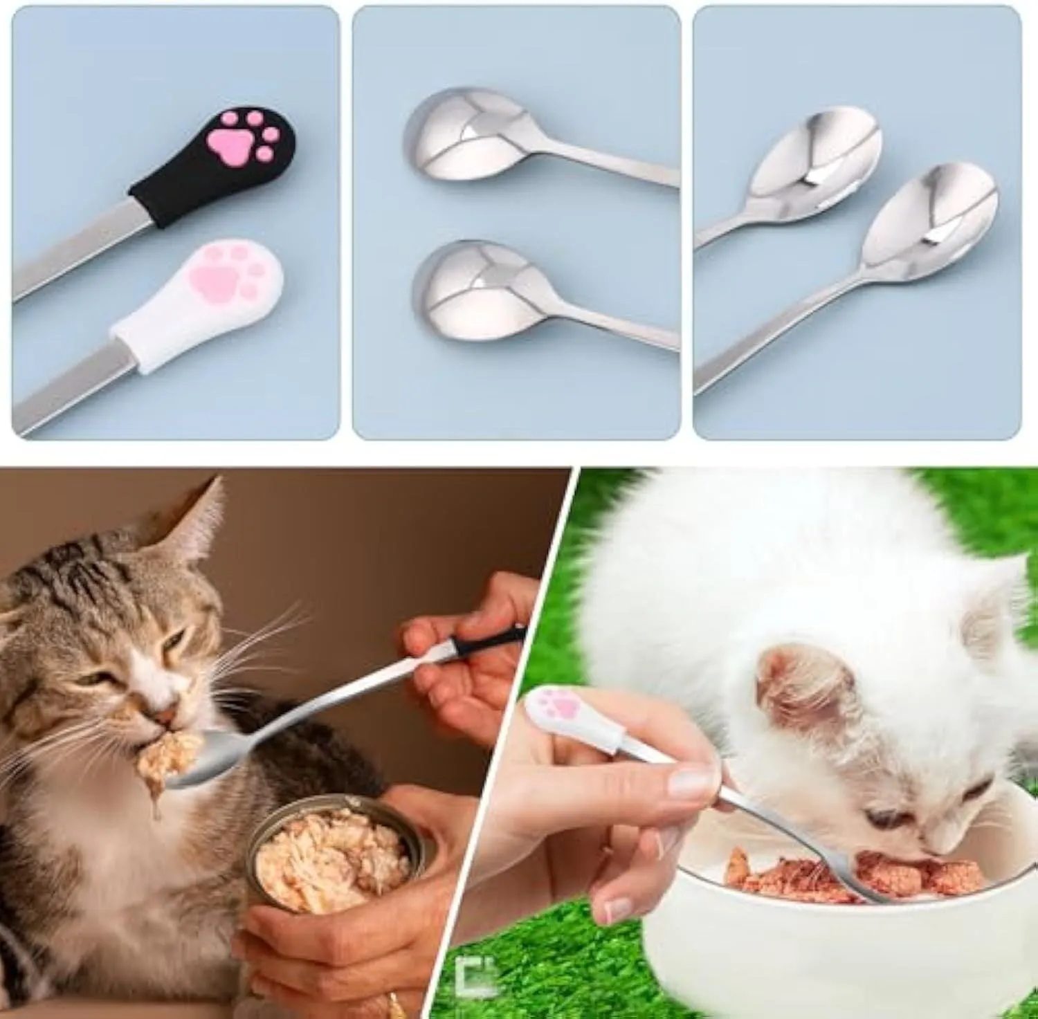 White and black stainless steel pet food spoons with silicone cat paw print handles on a table.