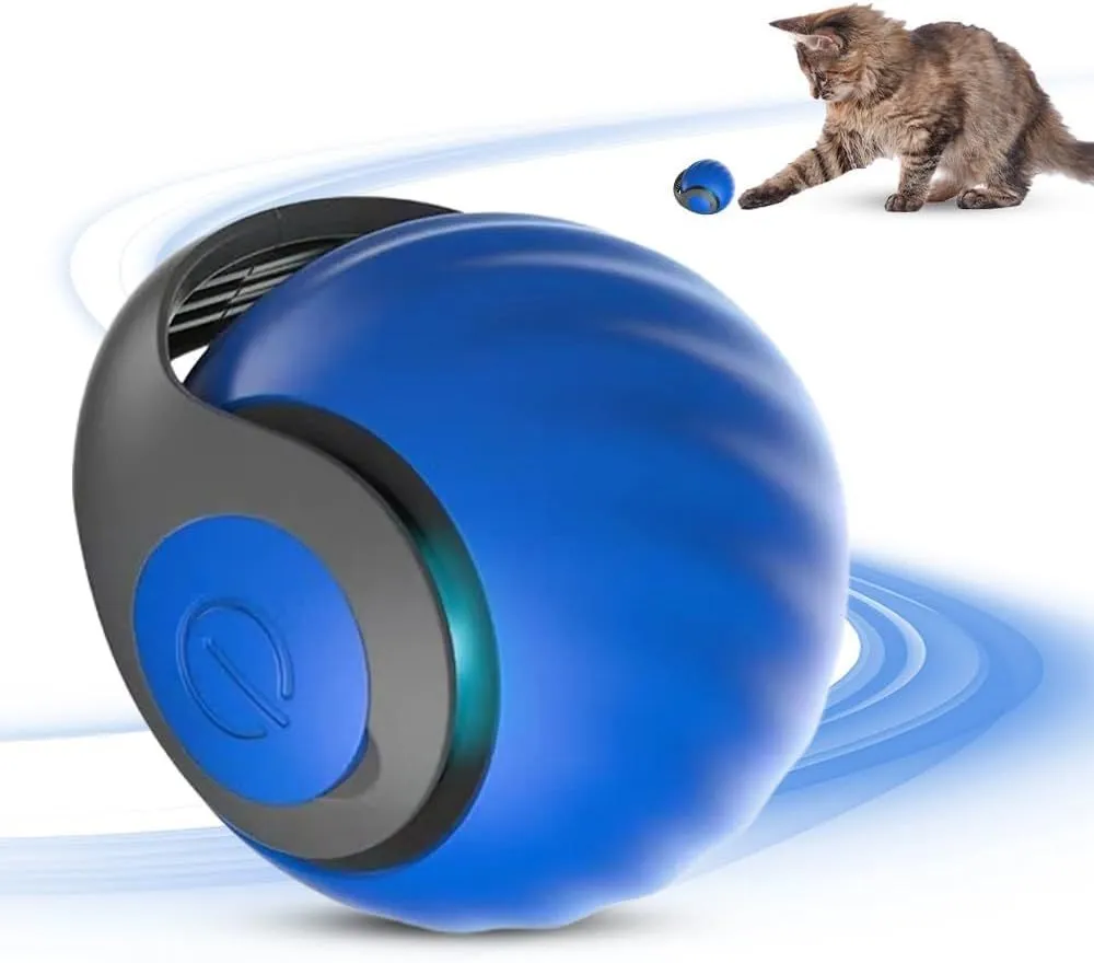 Blue interactive self-moving cat ball toy with rechargeable battery for indoor pets