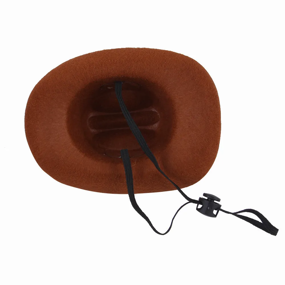 Adjustable dog cowboy hat in black, brown, burgundy, or coffee colours with rounded brim and soft fabric