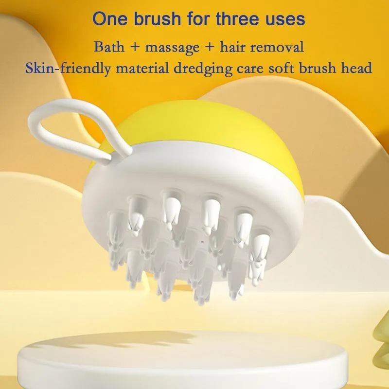 Blue, grey, and yellow silicone dog shampoo brush with massage points for washing and grooming