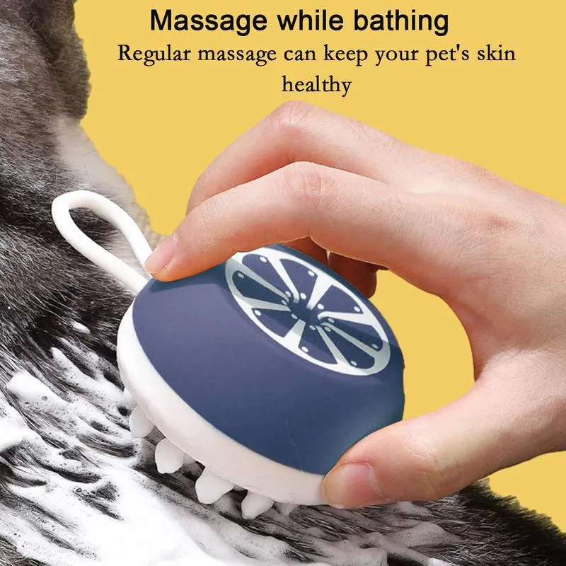 Blue, grey, and yellow silicone dog shampoo brush with massage points for washing and grooming