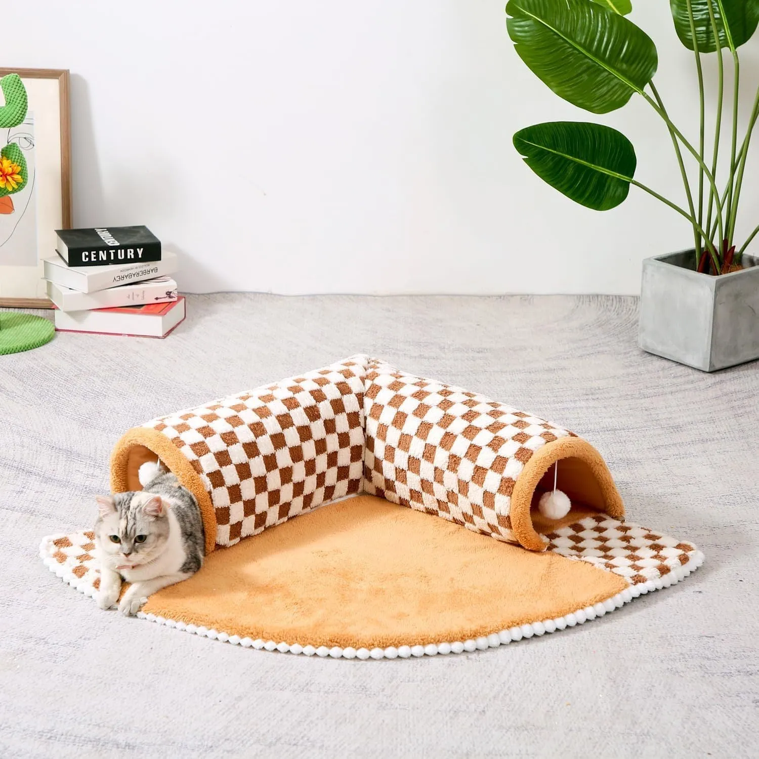 XL fan-shaped plush pet bed tunnel with a plaid pattern, shown in coffee colour.