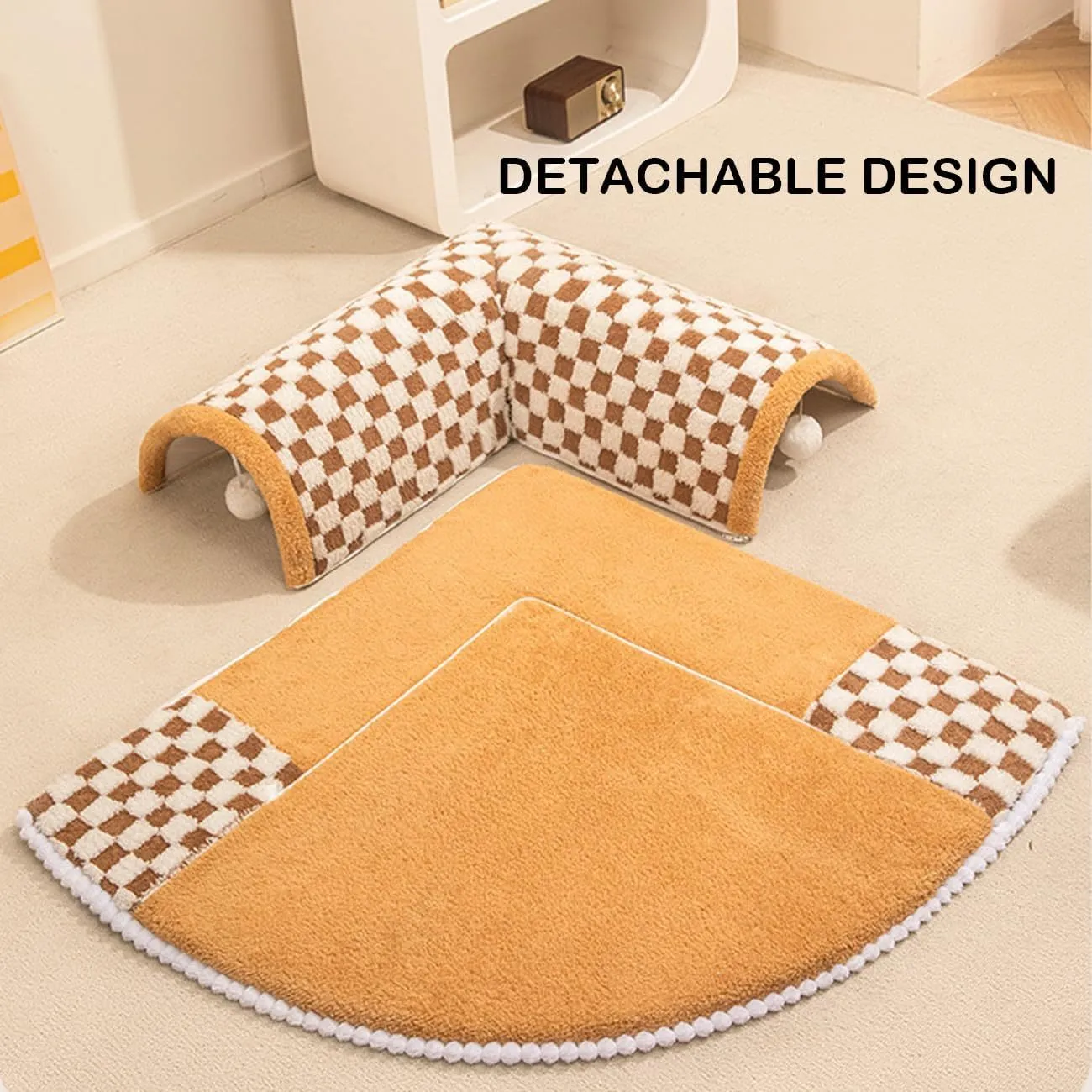 XL fan-shaped plush pet bed tunnel with a plaid pattern, shown in coffee colour.