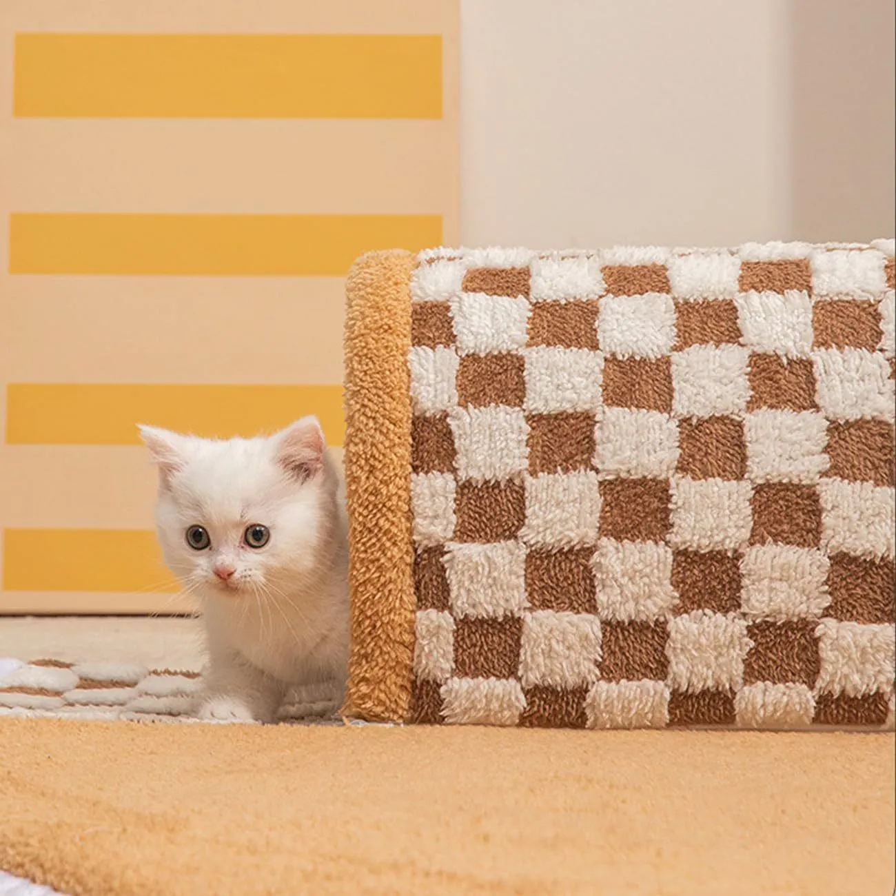XL fan-shaped plush pet bed tunnel with a plaid pattern, shown in coffee colour.