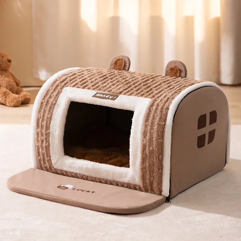 Brown bear-shaped enclosed dog bed with velvet fabric for small pets