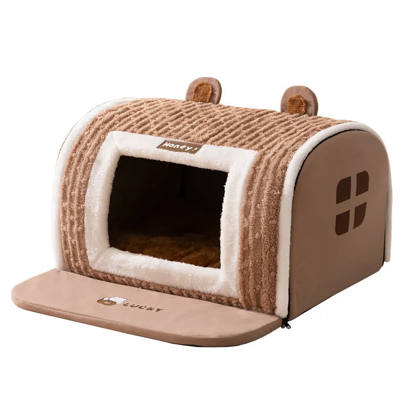 Brown bear-shaped enclosed dog bed with velvet fabric for small pets