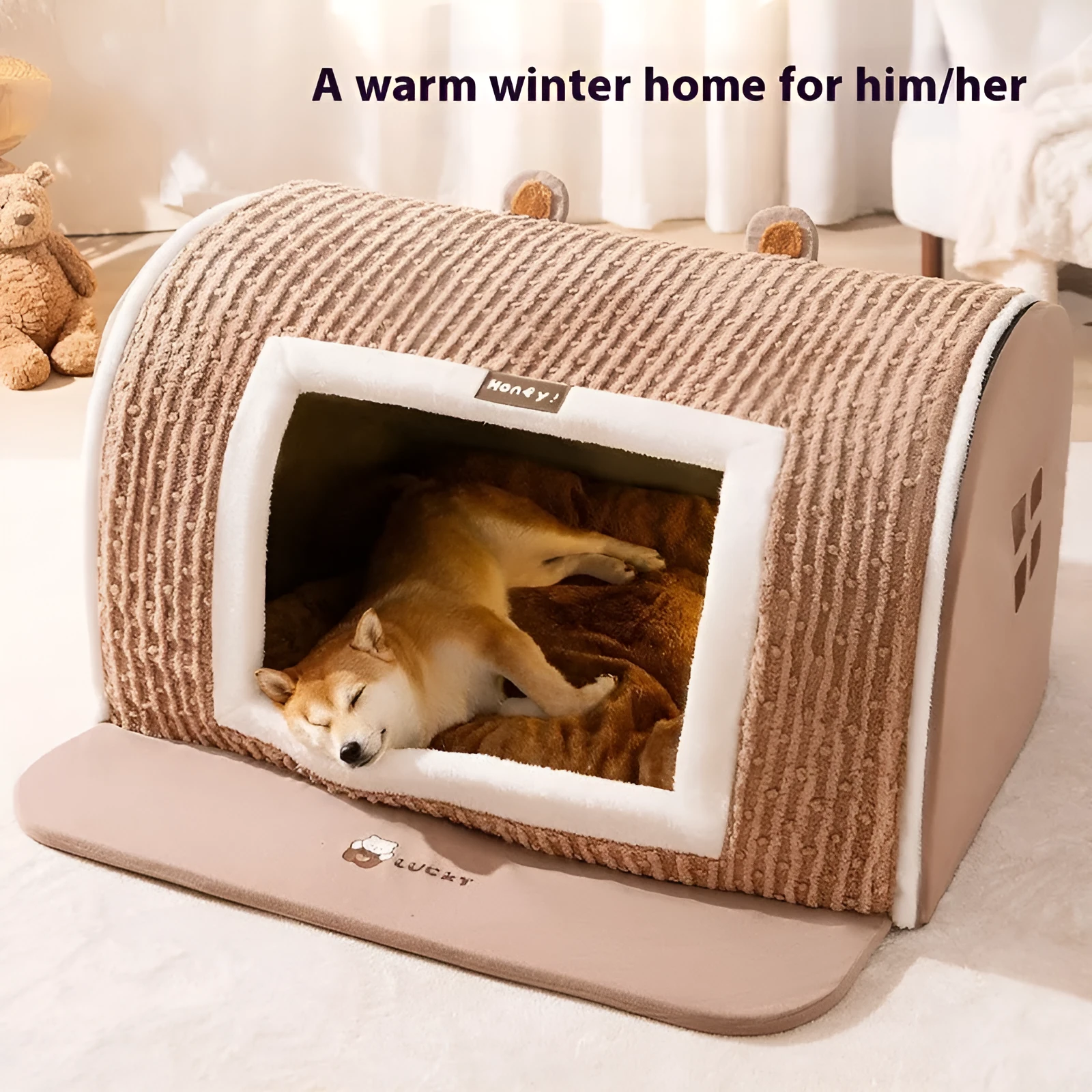 Brown bear-shaped enclosed dog bed with velvet fabric for small pets