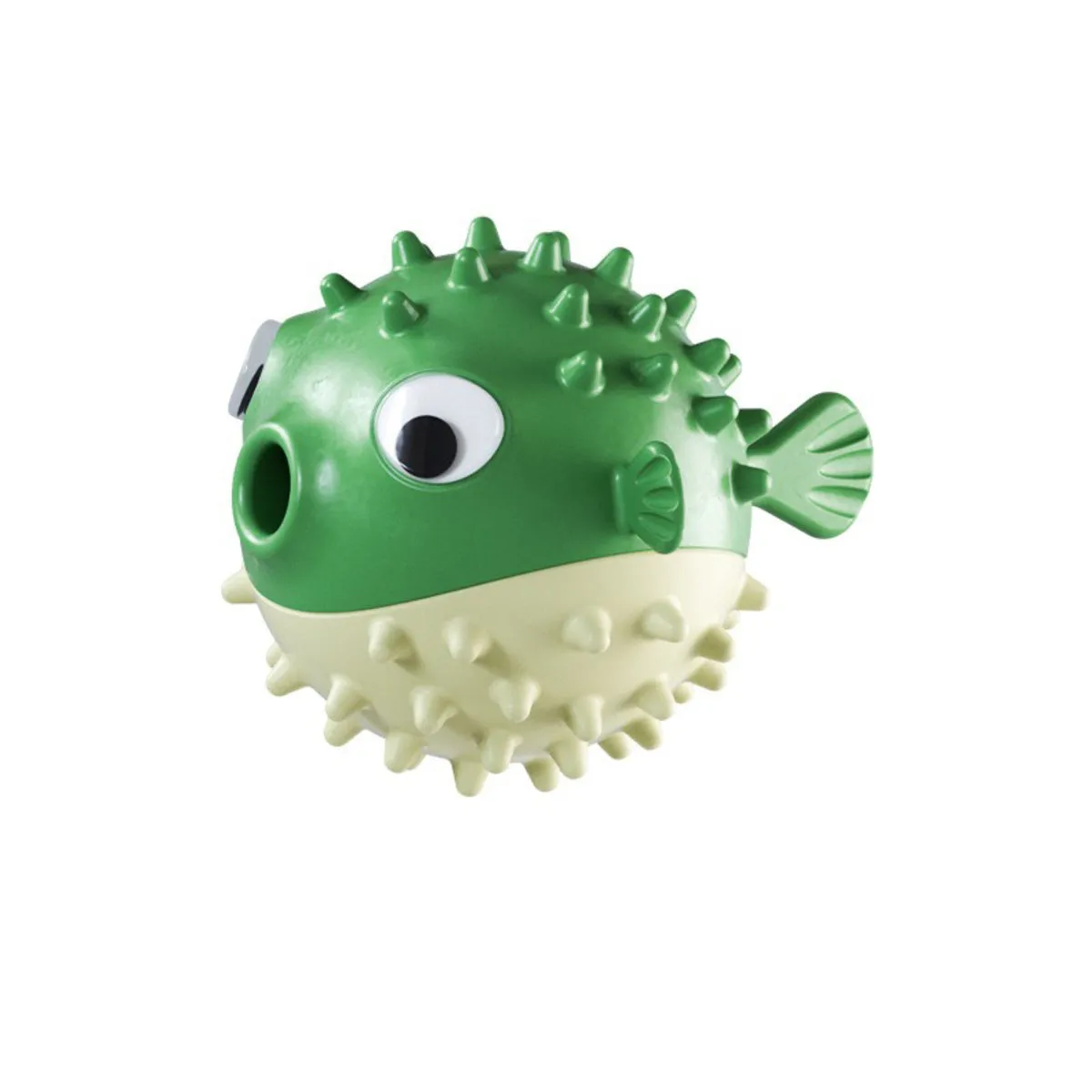 Yellow vinyl fish-shaped dog chew toy with textured surface for teeth cleaning.