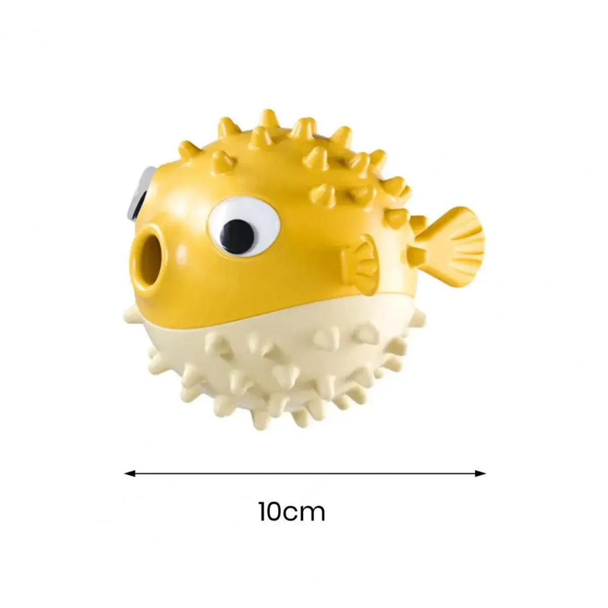 Yellow vinyl fish-shaped dog chew toy with textured surface for teeth cleaning.