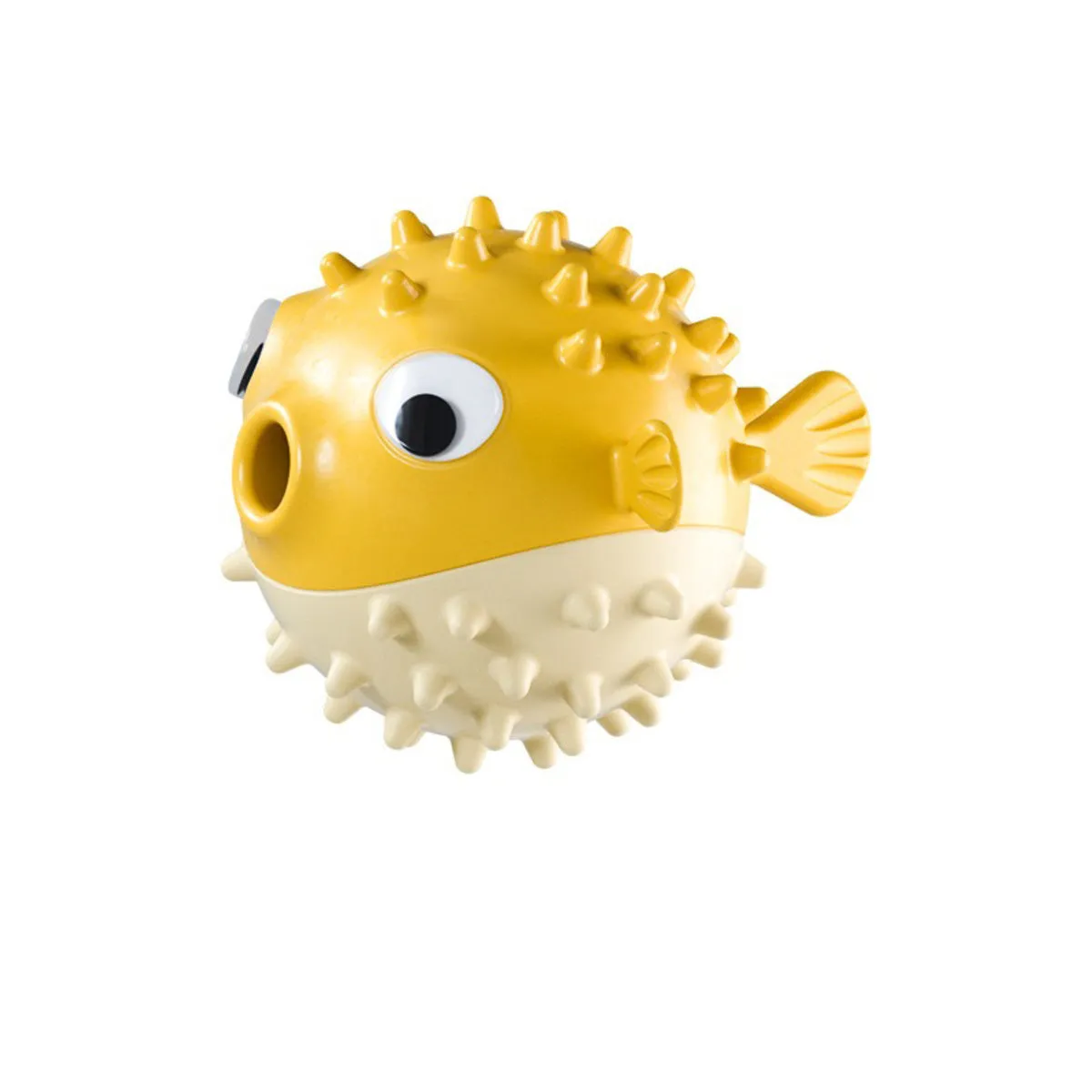 Yellow vinyl fish-shaped dog chew toy with textured surface for teeth cleaning.