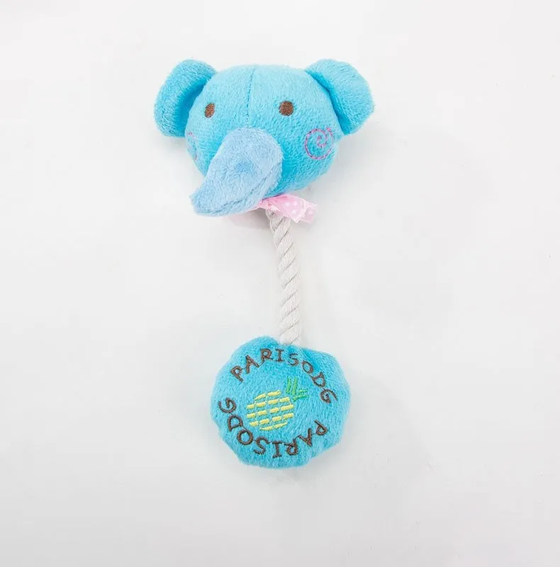 Plush dog toy with cotton rope and sound device in animal designs