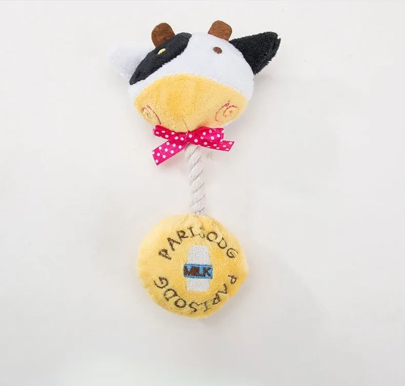 Plush dog toy with cotton rope and sound device in animal designs