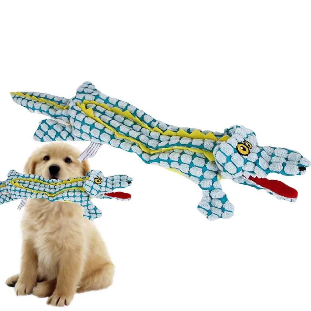 Plush squeaky dog toy shaped like animal with corduroy fabric surface in blue colour