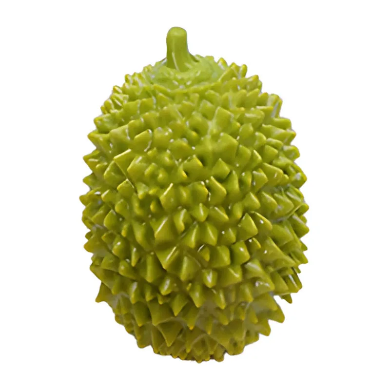 Durian-shaped dog chew toy in bright colours with teeth-cleaning ridges and squeaker ball
