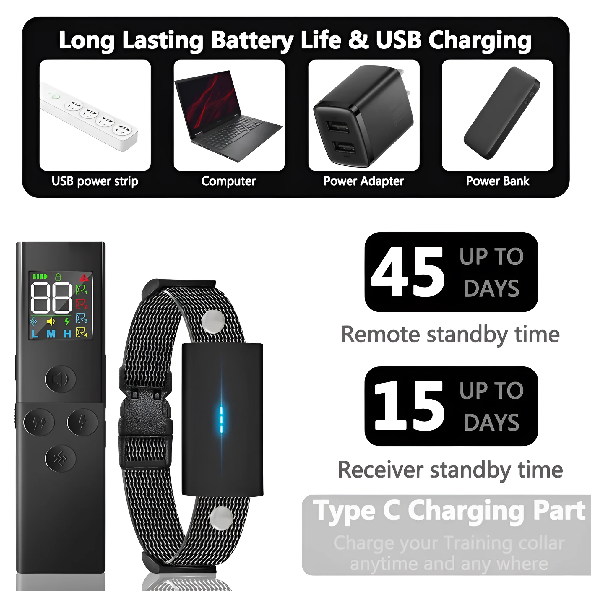 Black Bark Stopper dog trainer device with remote control and receiver unit for anti-barking training