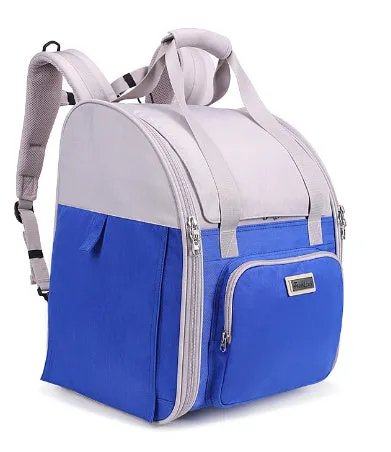 Dark blue red waterproof pet backpack carrier for small dogs or cats, shown with breathable mesh and aluminium buckle.