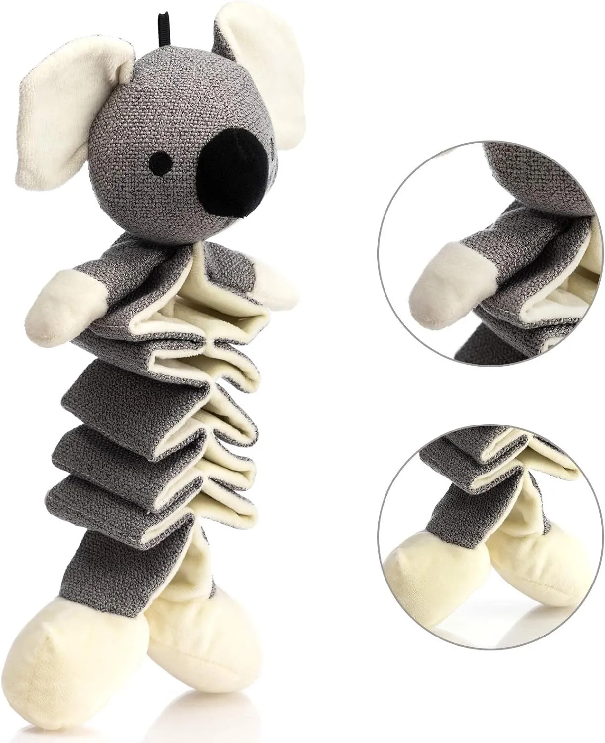 Hollypet grey koala stuffed dog squeaky toy with crinkle paper, 30cm long.