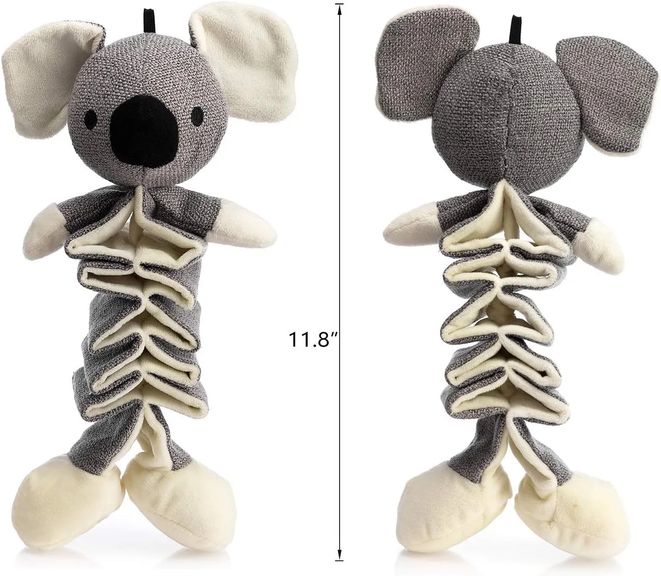 Hollypet grey koala stuffed dog squeaky toy with crinkle paper, 30cm long.