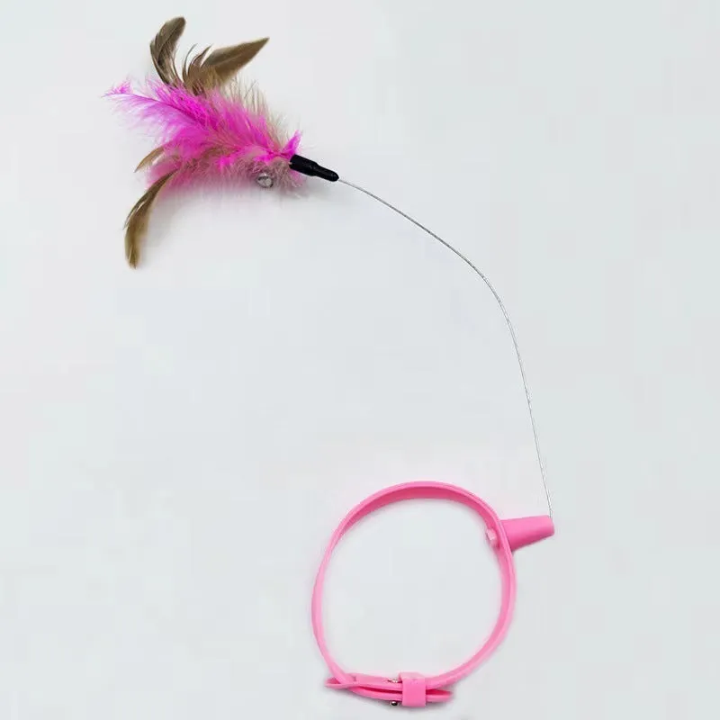 Blue adjustable cat collar with attached silicone teasing wand, feather, and bell for interactive play.
